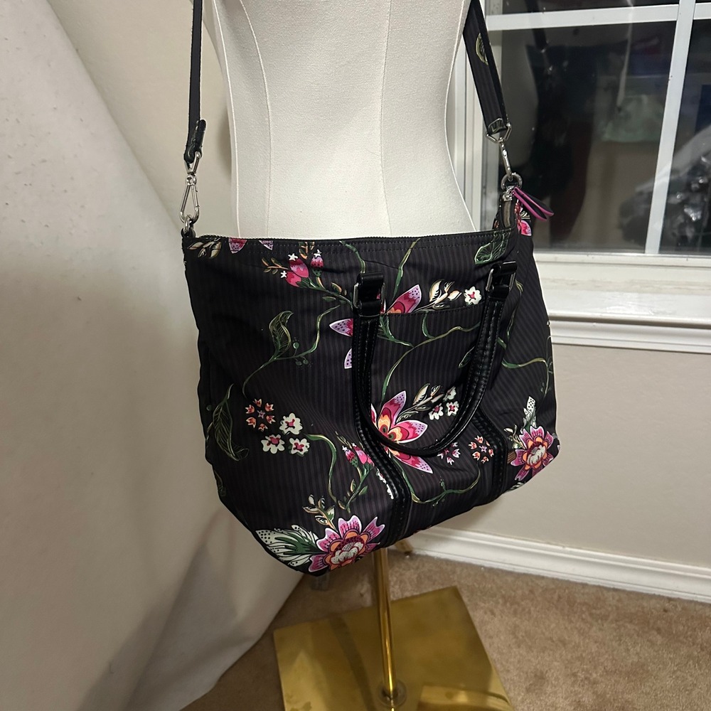 Vera Bradley Floral Pinstripe Crossbody Tote Bag Black Pink Purple Handbag